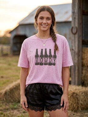 Zutter Howdy Bottle Graphic T-Shirt Pink Mineral Wash Large Oversized Tee